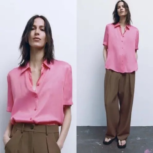 NWT Zara Satin Effect Button Down Blouse, Bright Pink, Med - Picture 1 of 7